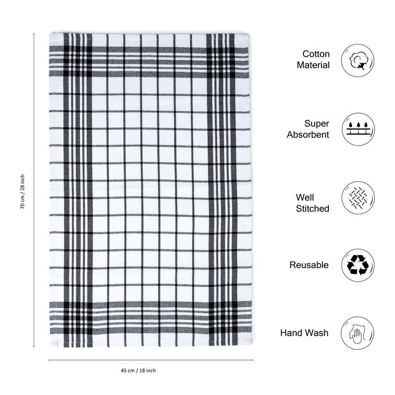 Encasa Checked Cotton Tea Towels Black Non-Terry Pack of 4,