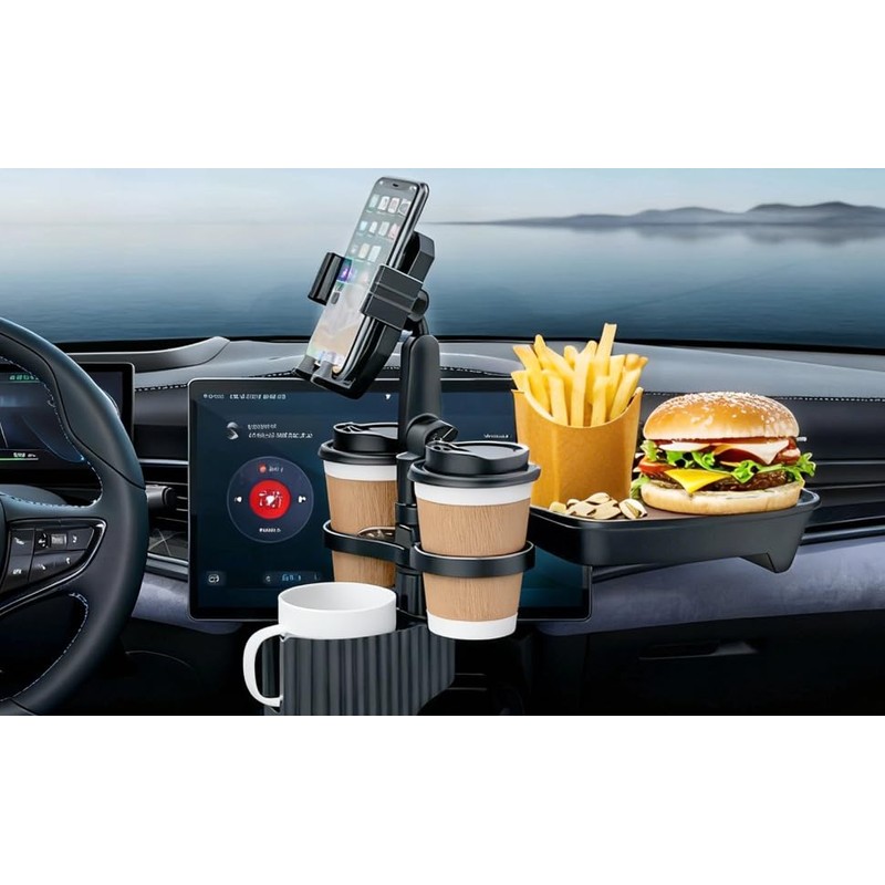 6-in-1 Car Cup Holder Expander with Tray & Phone Mount,