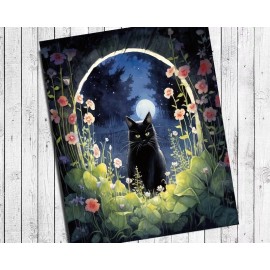 Handmade BLACK CAT 8x10 Moonlit Floral Path CARDSTOCK PRINT, No Frame, GOTHIC FELINE