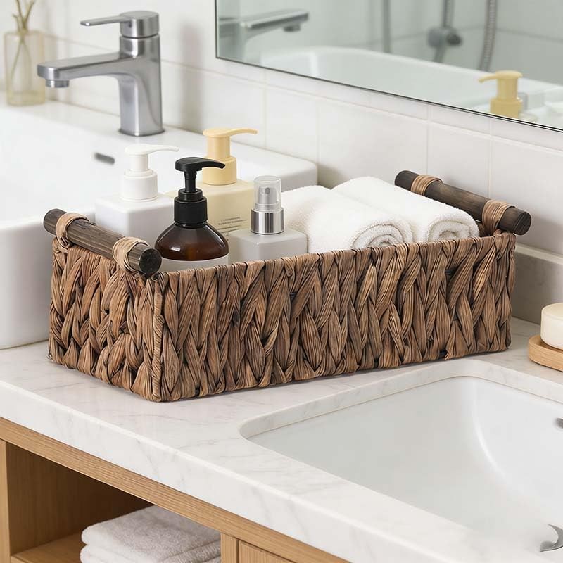 Rattanzenith Water Hyacinth Toilet Tank Basket with Wood Handles, Brown