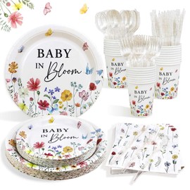Lopeastar 175Pcs Spring Baby In Bloom Baby Shower Decorations Plates Set, Wildflower Floral Baby Shower Paper Plates Napkins Cups and Cutlery Set for 25 Guests