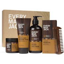 Every Man Jack Men's Sandalwood Beard Set - Perfect for Every Guy - Five Grooming Essentials For a Complete Routine - Beard + Face Wash, Beard + Face Lotion, Beard Oil, Beard Butter, and Beard Comb