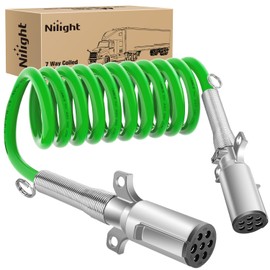 Nilight 12FT 7 Way Coiled ABS Cord Heavey Duty Zinc Die Cast Plug Green Electrical Power Breakaway Cable 7 Pin Flexible Trailer Wire for Semi Truck Tractor transmitting Signals