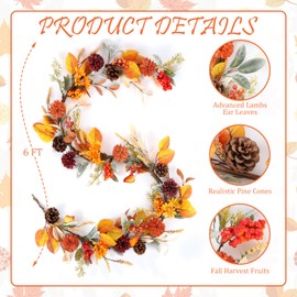 6 Feet Fall Garland for Mantle Autumn Garland with Lamb's Ear Leaves Pinecone Thanksgiving Harvest Decorations for Home Fireplace Farmhouse Porch Outdoor Indoor Table Centerpiece Wall Arch Backdrop