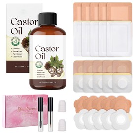 KWOLYKIM Castor Oil Patches Disposable 40 Skin Tone + White + 100ml Organic Cold-Pressed Castor Oil with Eyebrow Brush & Eyelash Brush - Natural Cotton for Body Gift Box