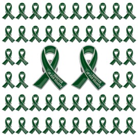 WANDIC 50 Pcs Green Ribbon Metal Pins, Mental Health Badges Memorial Ribbon Alloy Brooches in Forever in Our Hearts for Funeral Mourning Event Bereavement Remembrance