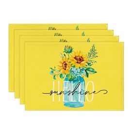 Artoid Mode Yellow Hello Sunshine Sunflower Summer Placemats for Dining Table, 12 x 18 Inch Spring Seasonal Holiday Decoration Rustic Vintage Washable Table Mats Set of 4