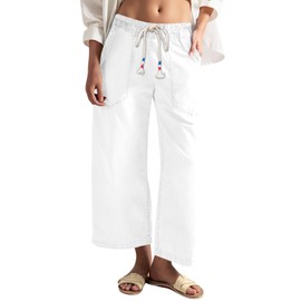 Cicy Bell Women's Wide Leg Jeans Casual Drawstring High Wasit Boyfriend Loose Baggy Capri Denim Pants with Pockets White