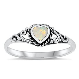 White Simulated Opal Heart Promise Ring .925 Sterling Silver Filigree Band Size 11