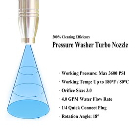 Turbo Nozzle Pressure Washer Tips, SUS 304 Stainless Steel 360°Rotating Turbo Nozzle Tips for Pressure Washer Power Washer 3600 PSI Max with 1/4”Quick Connector, 3.0 Orifice, 4.0 GPM, 180 °F
