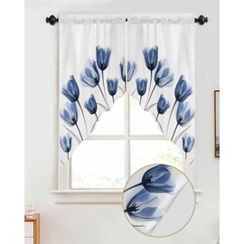 Blue Tulips Swag Curtains Valance For Kitchen Window,Wide Rod Pocket Flowers Floral White Curtain Drapes,Light Filtering Aesthetics Spring Drapery Panel for Bedroom Bathroom Cafe Living Room,56"Wx36"H