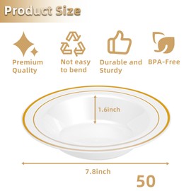 50 Pack 12oz Peal White Plastic Bowls with Gold Rim