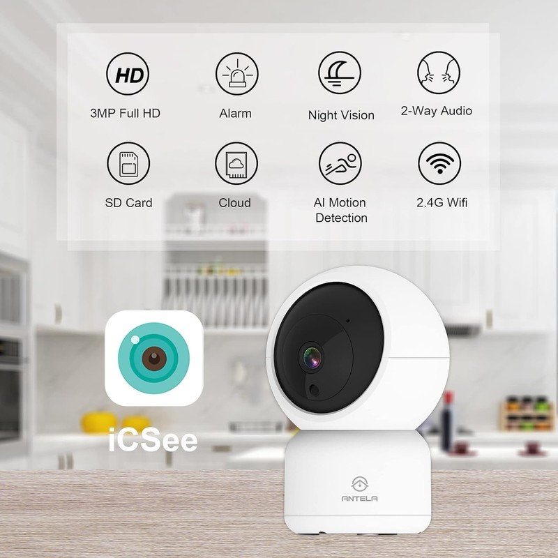 ANTELA 3MP Indoor Surveillance Camera, 2.4 GHz WLAN Camera, 2-Way