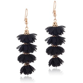DAMLENG Unique Chic Long Fabric Flower Tassel Dangle Drop Earrings Cute Fashion Floral Petals Earring for Women Christmas Birthday Party Gifts (Black)