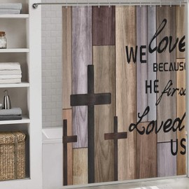 TKUYO Farmhouse Wooden Shower Curtain, Rustic Brown Wood Board Bible Verse Cross Country Cottage Western Barn Garage Old Plank Waterproof Fabric Bathroom Shower Curtain Set with Hooks, 72"x72" Inch