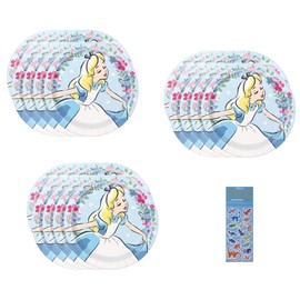 Unique Alice in Wonderland Party Supplies Bundle Set includes Lunch Dinner Paper Plates - 24 Count and 1 Esave Dinosaur Sticker Sheet