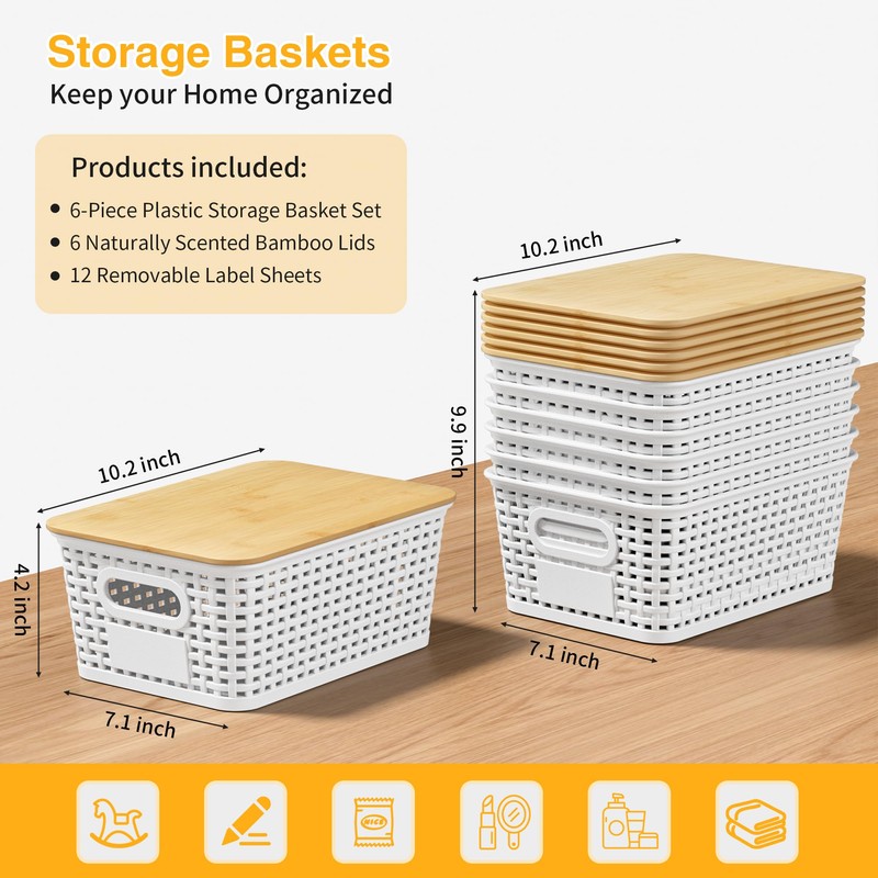 6 Pieces White Plastic Storage Baskets with Bamboo Lids with