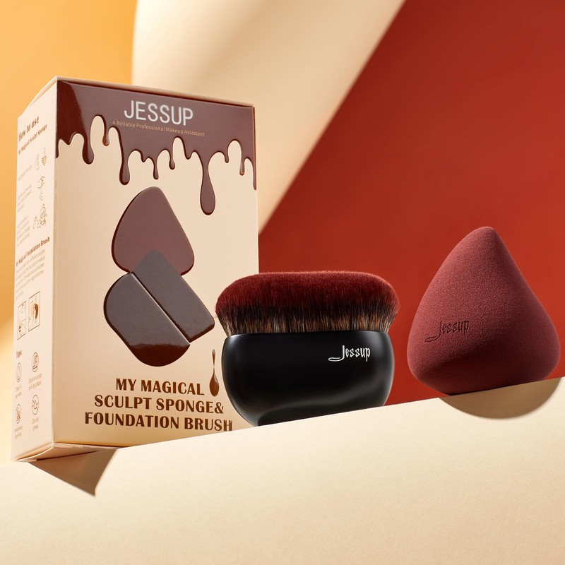 Jessup Foundation Brush with Makeup Sponge Black Makeup Brush with