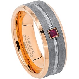 0.05ctw - 0.10ctw Princess Cut Ruby Birthstone Tungsten Ring - Two-Tone Grooved Rose Gold Band Tungsten Carbide Mens Wedding Band - July Birthstone Ring - YG Bezel