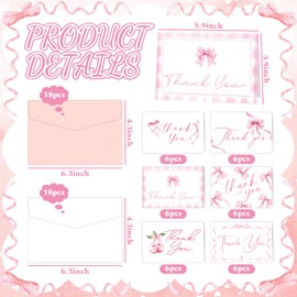 MATJOE 36Pack Pink Bow Thank You Cards with Envelopes,Bow Stickers Coquette Cute Baby Shower Greeting Card,Pink Blank Thank You Cards Bridal Shower, Wedding, 4×6Inch