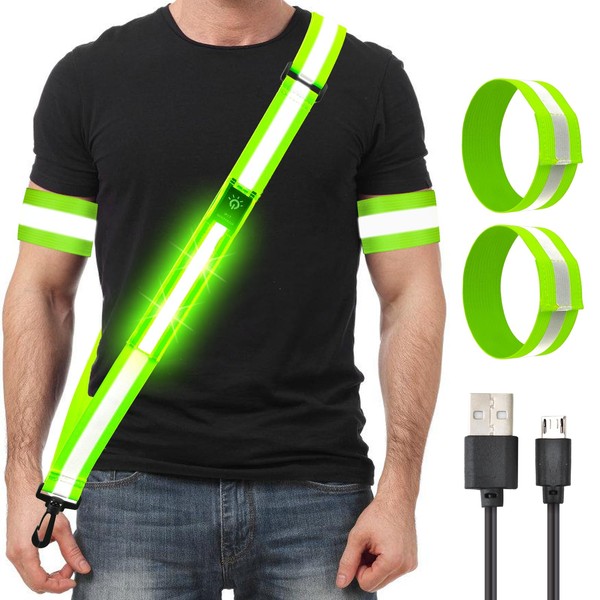 Johiux LED Reflector Belt, USB Rechargeable Reflective Band with Bracelet, Highly Visible Reflectors at Night, Night Running Safety Equipment for Walking, Running and Cycling for Women and Men (Green