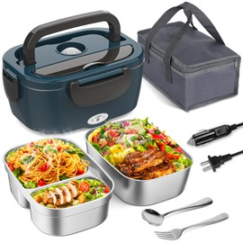 Vingud Electric Lunch Box for Adults, Heated Lunch Box for Men Women with Dual 1.5L Stainless Steel Containers, Portable 80W Food Warmer Heating Lunchbox for Car/Truck/Work Lonchera Eléctrica Portátil