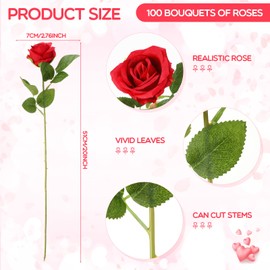 Jexine 100 Pieces Artificial Roses Flowers bulk, Long Stem Realistic Fake Silk Roses Bouquet for Table Centerpiece Vases Wedding Party Home Kitchen Decor (Red)