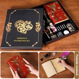 Aifeiter Quill Pen Ink Set Leather notebook With Quill Pen,Notebook,5 Replaceable Nibs,Seal Stamp,Spoon,Wax Beads,White Wax,Ink,Pen Holder,Cup,Envelope,Letter Paper,Envelope Tool(blue)