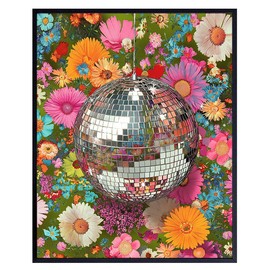 Disco Ball Floral Wall Art - Flower Wall Art - Shabby chic Wall Art - Girly Wall Decor - small Apartment Living room Wall Art - Mid Century Modern Wall Decor for Women - Cute Bedroom Decor Aesthetic