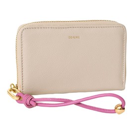 Beaure B-24097 Women's Genuine Leather Short Wallet, Middle Wallet, Round Zipper, Bifold with Hand Strap, P. Beige
