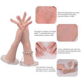 QIAOYIQIAO Silicone Realistic Female Hand Acrylic Nails Pratice Training For Nail Art Showing Jewelry Life Size Female Model Flexible Bendable (Pair Hand-Without Skeleton, Ivory)
