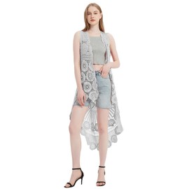 ANNA-KACI Women Casual Summer Kimono Sleeveless Bohemian Cover Up Crochet Lace Cardigans, Grey