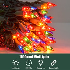 Dirnun Christmas Lights Multicolor 100 Count Incandescent Lights UL Certified Connectable Christmas Tree Lights with Green Wires for Indoor Outdoor Xmas, Wedding, Holiday, Party, Home Decorations