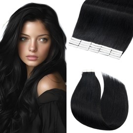 Elailite Tape in Hair Extensions Human Hair 20 Pcs 50g Black - Seamless Skin Weft Real Remy Hair Extension Straight (#1 Jet Black, 20 Inch-50g)