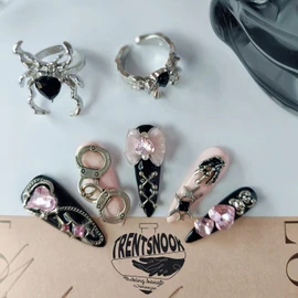 TRENTSNOOK 10 Pcs Mine Handmade Nail Tips Reusable Black Pink Shibuya False Nails Perfect for Fireworks Displays, Bar Mitzvah, Graduations, Gatherings, Karaoke (XS)