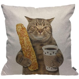 HGOD DESIGNS Cushion Cover Funny Cat The Cat Is Holding A Cup of Black Coffee and A Baguette Throw Pillow Cover Home Decorative for Men/Women//living room Bedroom Sofa 18X18 Inch Pillowcase