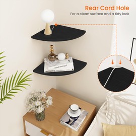 Homode Corner Floating Shelves, 12" Deep Corner Shelves Wall Mounted with Cord Hole, 2 Tier Curved Corner Hanging Shelving for Wall Storage, for Cable Box, TV Cords, Books, Plants, Black