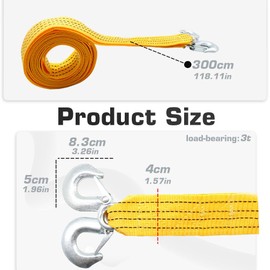 Juren Tow Strap Heavy Duty with Hooks 10000 LB Recovery Strap 3Tons Towing Strap with Safety Hooks Polyester (Tow Strap)