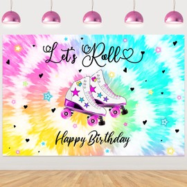 Let's Roll Happy Birthday Decoration Backdrop Tie Dye Skating Birthday Decoration Let's Roll Happy Birthday Backdrop Banner Rainbow Glow Party Decors for 80s 90s Birthday Roller Skating Party Supplies