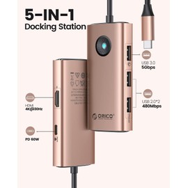 USB C Hub, ORICO 5 in 1 USB C Docking Station with 4K HDMI, 60W Power Delivery, USB 3.0 5 Gbps and 2 USB 2.0 Data Ports USB C Dock for MacBook Air, MacBook Pro, XPS, and More Type-C Devices