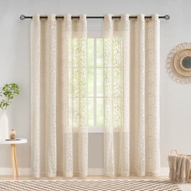 Treatmentex Beige Semi-Transparent Lace Curtain, Modern Embroidery Curtains with Eyelets, Crochet Knitting Curtain with Leaf Pattern for Living Room, Farmhouse, Bedroom, 2 Pieces, W 140 x H 180 cm