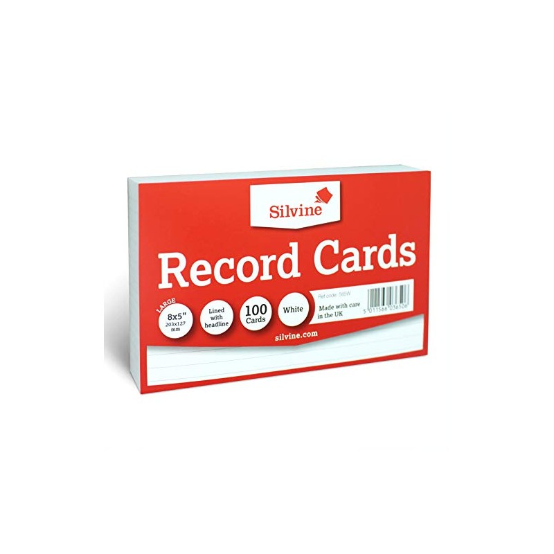 Silvine 8x5" White Record Cards - Lined with Headline, 100