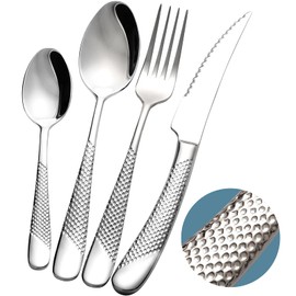 Xideman 16-Piece ​Modern Hammered Cutlery Set with Ultra Sharp 2-in-1 Serrated Knife, 18/10 Stainless Steel Silverware Flatware Set Service for 4, Tableware Utensil, Forks Spoons Knives Set