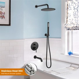 gotonovo Shower System with Tub Spout Wall Mount 3 Function Rough-in Valve Bathtub Shower Faucets Set Complete Rain 10 Inch Round Showerhead Trim Kit Combo, Cylindrical Handheld, Matte Black