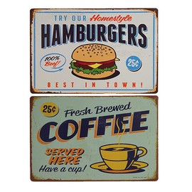 EMPCYDIA 2PC Vintage Metal Tin Sign Retro Tin Sign Decoration Fresh Brewed Coffee Served Here Have a Cup Tin Sign Hamburgers Signs for Bar Cafe Restaurant Home Decor