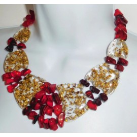 Sobral Fragments Radesh Red & Gold Metalique Beads Artist Made Necklace
