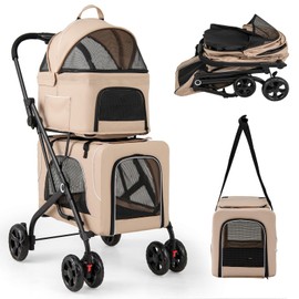PETSITE Double Dog Stroller, Foldable 3-in-1 4 Wheels Cat Stroller with 2 Detachable Carriers, Safety Belt, Washable Cover, Removable Pads for Small Medium Dogs Cats (Beige)