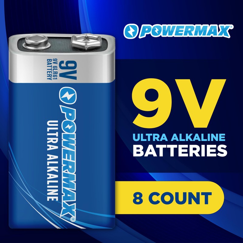 Powermax 8-Count 9V Batteries, Ultra Long Lasting Alkaline Battery for