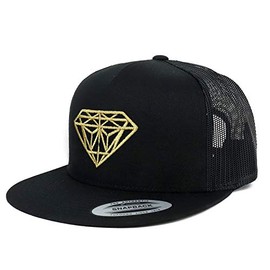 Armycrew Flexfit Oversize XXL Gold Diamond Embroidered 5 Panel Flatbill Snapback Mesh Cap - Black - 2XL