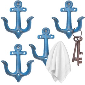 XINGYAN Vintage Rustic Cast Iron Nautical Sea Anchor Design Wall Hooks,Home Coat Rack,Decorative Wall Mounted Antique Shabby Chic Metal Bathroom Towel,Coat Hooks,Hanger,Screws Inside (Blue[4pcs])